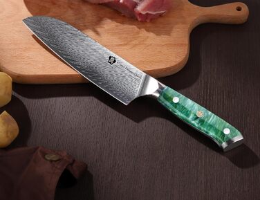 Японський кухонний ніж Santoku WILDMOK 17 см, сталь VG10 Дамаск, зелена рукоятка, професійний ніж для кухні