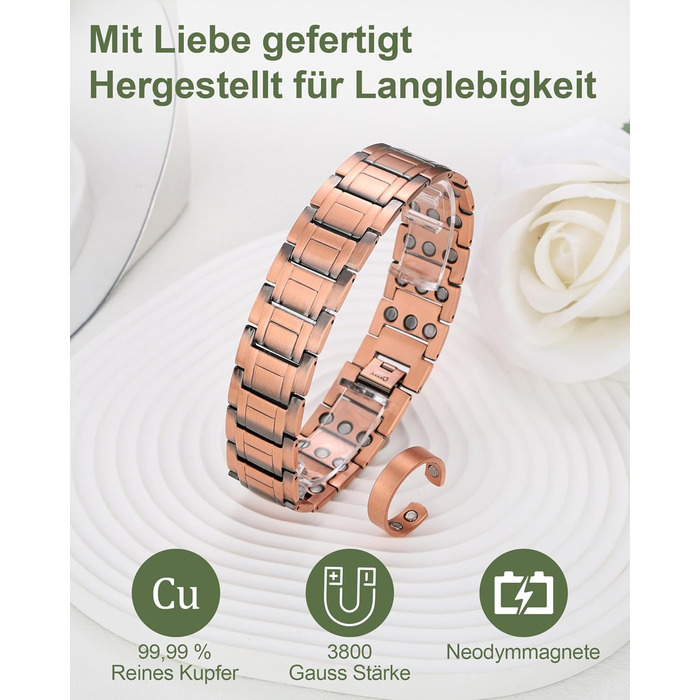 Браслет на руку чоловічий MagEnergy з міді - 3 потужні магніти, стильний дизайн, регульована довжина (набір міді)