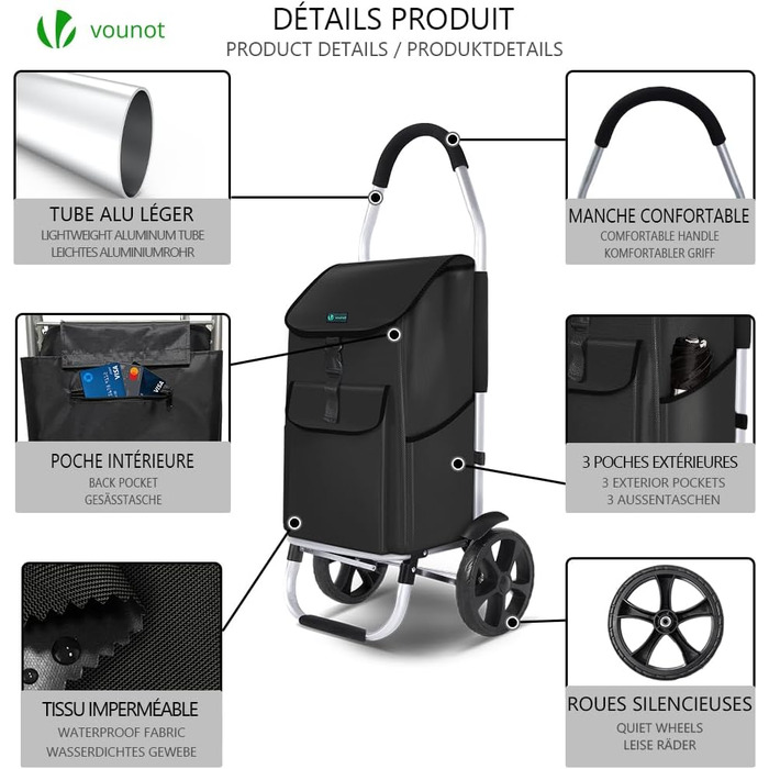 Складна алюмінієва господарська сумка VOUNOT 45 л, водонепроникна, чорна, великі колеса з бризковиками, візок для покупок, для сходів