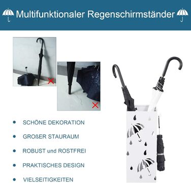 Lestarain Metal Umbrella Stand with Water Tray and Hooks - White Cube Design, 20x20x49cm