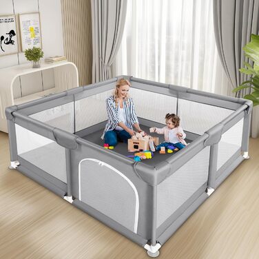 Дитячий манеж Sour Lemon 130x130 см, з захистом від ударів, сітчастими стінками, 50 кульками та 4 кільцями, сірий