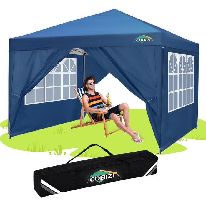 COBIZI Pavilion 3x3, Folding Pavilion 3x3 Waterproof Stable Winterproof | 8x Pegs | 4x Wind Rope | UV Protection 50+ | High-Density Tarpaulin | Pop-up Pavilion Folding 3x3m Tent 3x3 Party Tent (Blue)