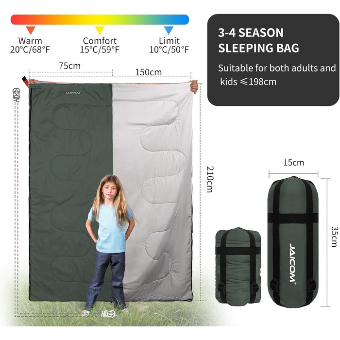 Літній спальний мішок - компактний, легкий, для кемпінгу, відпочинку на природі, дорослих, піших прогулянок, відпочинку в приміщенні, зелений