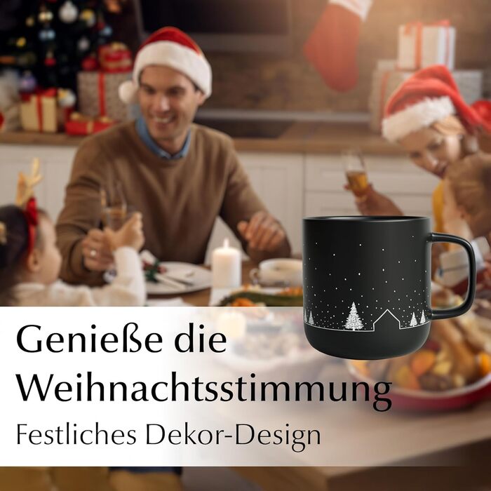 Набір з 4 чашок MIAMIO для святкування Різдва, 500 мл, чорний колір / Кавові чашки на Різдво, мінімалістичний зимовий мотив, подарунок на Різдво, безпечні для миття в посудомийній машині та використання в мікрохвильовій печі – Vinter Collection