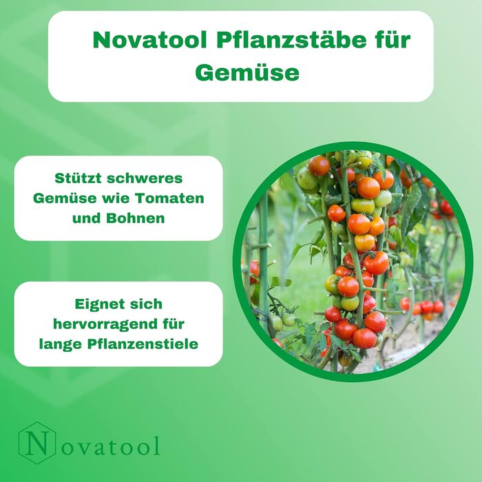 Опори для рослин Novatool, 20 шт., 120 см, 11 мм, зелені, для томатів і квітів
