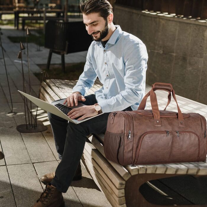 Duffle bag with shoe bag, overnight bag, leather oversized weekend bag, large carry-on bag, duffel bag for women and men ([H]brown)