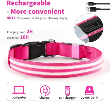 Світлодіодне нашийник для собак PcEoTllar, водонепроникний, 3 режими світіння, для малих, середніх та великих собак, рожевий
