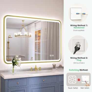 Дзеркало для ванної кімнати S'bagno з підсвічуванням 100x70 см, з алюмінієвою рамою, антизапарник, 3000-6500K, функція пам'яті, IP44, горизонтальне/вертикальне, чорне