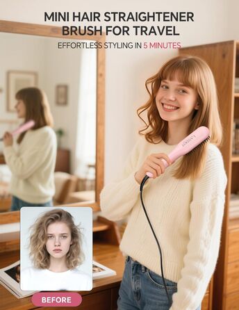 LANDOT Міні випрямляч для волосся 2-в-1: щітка-випрямляч для швидкого та легкого укладання - ідеально для короткого та середнього волосся, рожевий