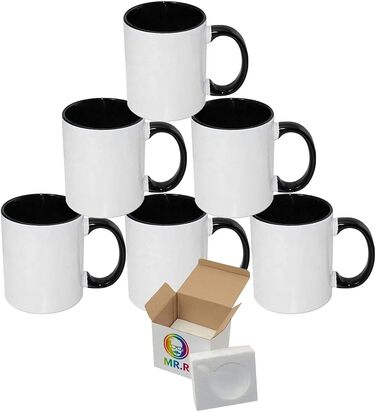 MR.R Sublimation Blanks, Dishwasher-Safe Ceramic Coffee Mugs with Black Color, Inner Cup and Handle, Drinking Cup, Cup for Milk, Tea, Cola, Water, 11 oz, Set of 6