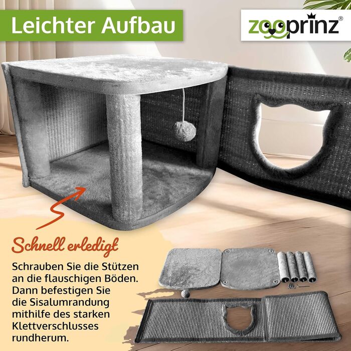 Преміум котячий будиночок Zooprinz – котячий кошик для кота – з товстими сизалевими стінами – печеринка з м'яким плюшем та іграшкою – котячий будиночок у скандинавському стилі (сірий)