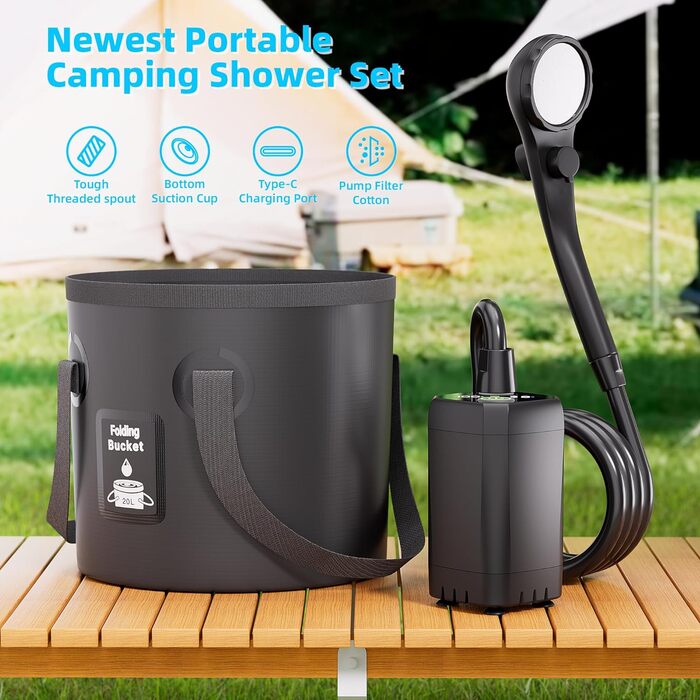 Mytrix 2024 Upgraded Portable Camping Shower Full Set: 6000mAh Rechargeable Power Suction Pump with Smart Display, Multi-Modes Spray Head & 5-Gallon Water Foldable Bucket for Outdoor Travel and Hiking
