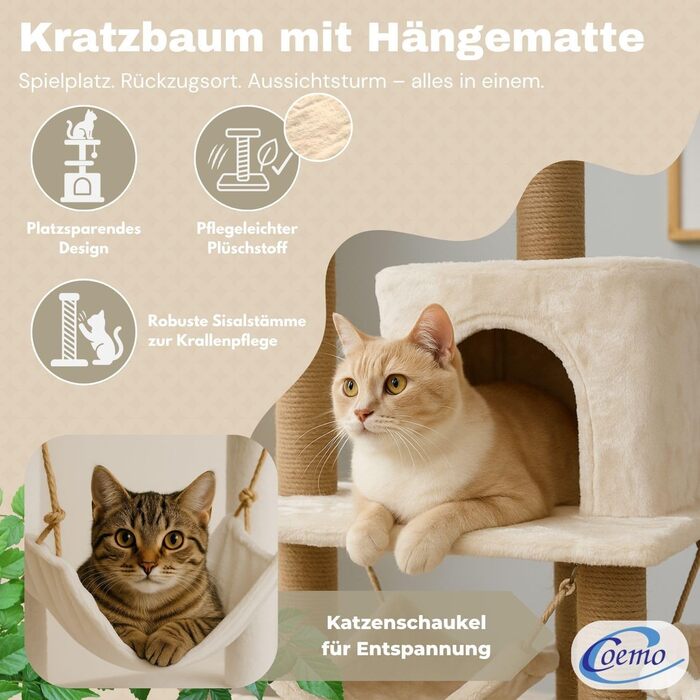 Котячий комплекс Kratzbaum Holz Weiß: дерев'яний, 37x58x135 см, з будиночком, гамаками, сизалевими стовпчиками та місцем для відпочинку