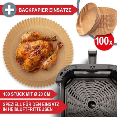 Фритюрниця ONBEST з великим оглядовим вікном та 12 програмами приготування – XL Airfryer об'ємом 6,5 л, 1600 Вт + 100 листів пергаментного паперу для випікання. Готування без олії для 2-5 осіб