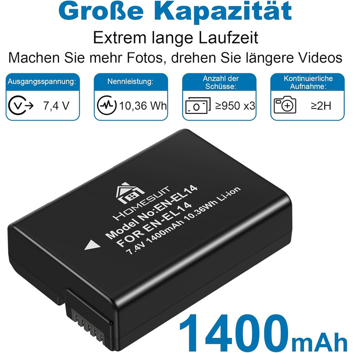 Акумулятор EN-EL14 1300mAh та USB LED зарядний пристрій для Nikon D3100, D3200, D3300, D3500, D5100, D5200, D5300, D5500, D5600, Coolpix P7000, P7100, P7200, P7700, P7800 (2 шт.)