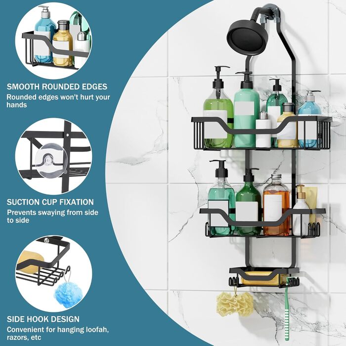 Настінна поличка для душу з тримачем для зубних щіток, нержавіюча сталь, 12 гачків, без свердління, органайзер для ванної кімнати