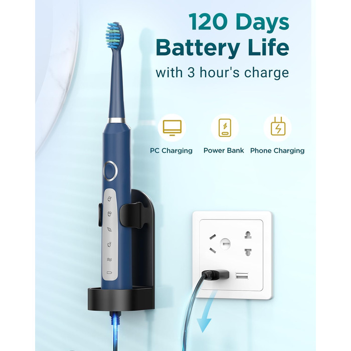 Звукова електрична зубна щітка COULAX для дорослих, 8 насадок, 5 режимів, IPX7, ультразвукова, блакитна