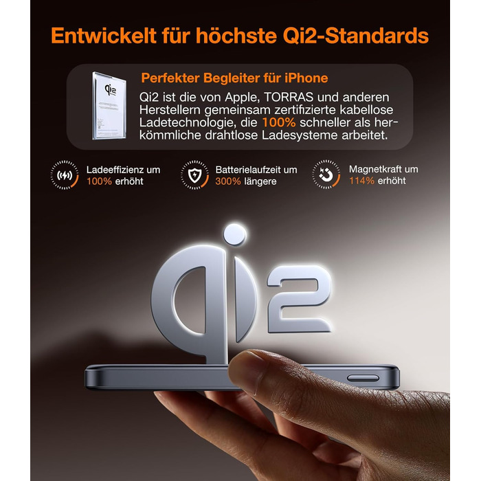 Портативний зарядний пристрій TORRAS MiniMag Qi2 з MagSafe, 10000mAh, сертифікований Qi2, магнітний, з кабелем USB-C 30W, бездротовий зарядний пристрій 15W для iPhone 17 Pro Max/Air/12-16, AirPods, сірий, титан