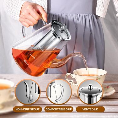 Скляний чайник із ситечком 1200 мл з боросилікатного скла з мірною шкалою для листового чаю та чайних квітів, подарунковий набір