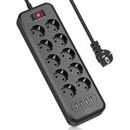 10-ти портова мережева розетка з вимикачами, KEPLUG, 4 USB, захист від перенапруги, для стіни, 2 м, чорна