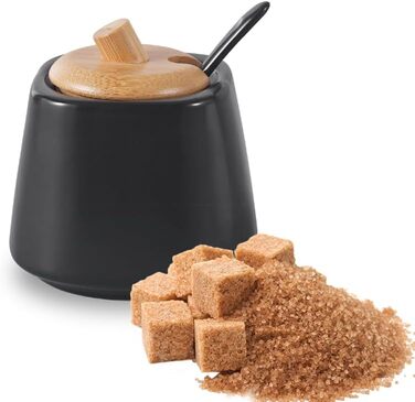 Цукорниця Pullmer з кераміки з кришкою з бамбука та ложкою, цукровий контейнер (чорна, кругла квадратна)