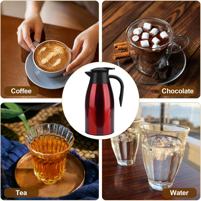 2 Liter Vacuum Insulated Flask, Stainless Steel Thermos, Large Opening, Thermos Keeps Drinks Hot for 12 Hours, Ideal as a Coffee Pot or Tea Pot, Pot for 12 Cups (Red)