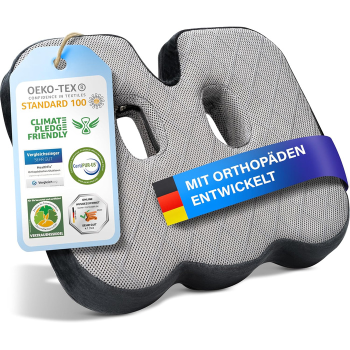 Ортопедична подушка для сидіння Healthfix® для офісу та дому - ергономічна подушка з memory foam для полегшення навантаження на куприк та кістки тазу (середня-жорстка)