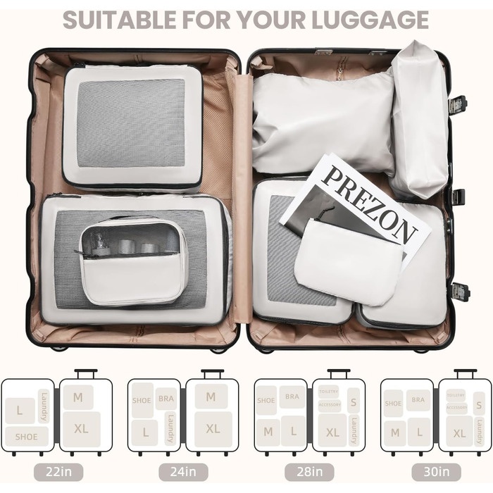 Органайзери для валізи Prezon, набір 8 шт., легкі, для подорожей, кремового кольору