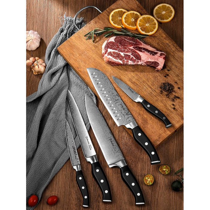 D.Perlla Self-Sharpening Knife Block Set - 14 Piece Stainless Steel Knife Set with Plastic Handle & Wood Block - Professional Kitchen Knife Set