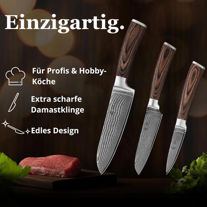 Набір кухонних ножів Wakoli EDIB Damast VG10 (3 шт.) в дерев'яній подарунковій коробці - гострі, ергономічні, з ручками Pakkawood