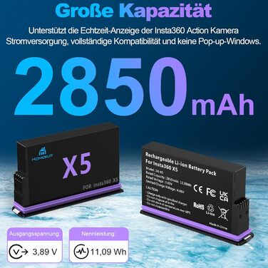 Homesuit Запасний акумулятор Insta360 X5 (2 шт.) 2850mAh + LED-зарядний пристрій з Dual-Slot та Micro SD кардридером (комплект)
