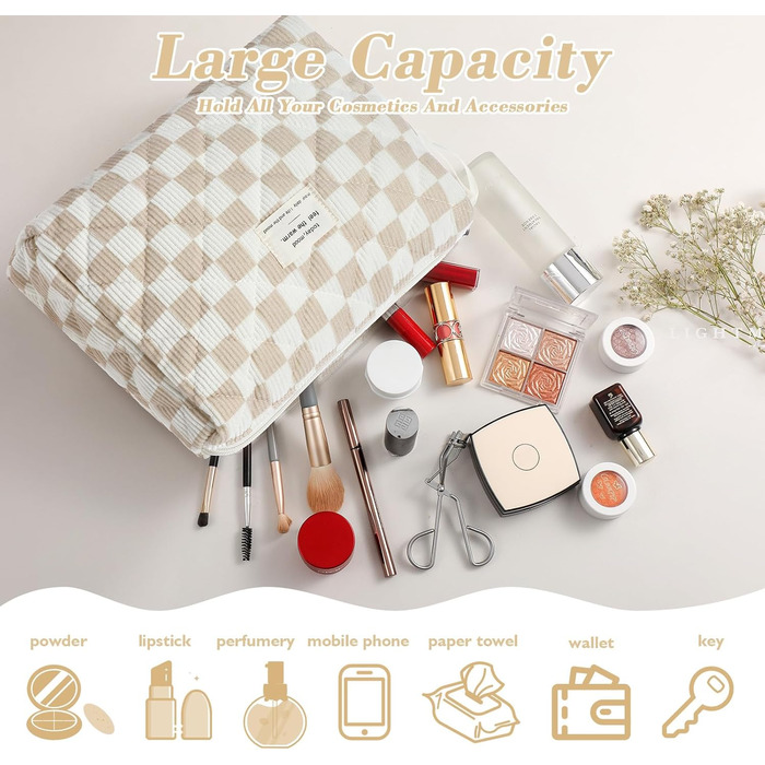 Набір косметичок 3 шт. з квітковим принтом, для подорожей та повсякденного використання | Косметичка для макіяжу для жінок та дівчат. Хакі в клітинку