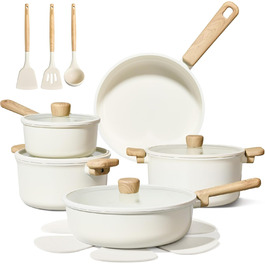 Набір посуду CAROTE 18 предметів з керамічного покриття, антипригарний, здоровий, для індукційних плит, без PFAS/PFOA, білий/Opulenter Garten