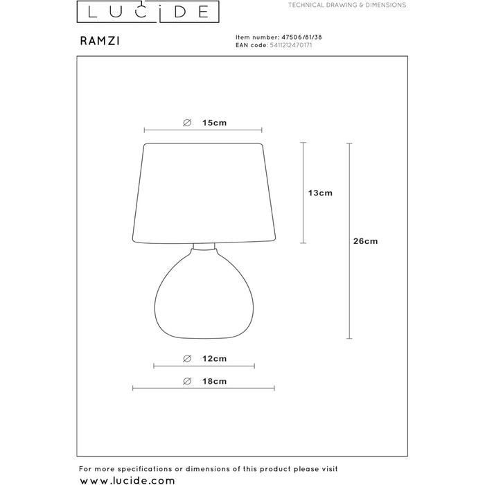 Настільна лампа LUCIDE RAMZI, бежева, діаметр 18 см, 1xE14