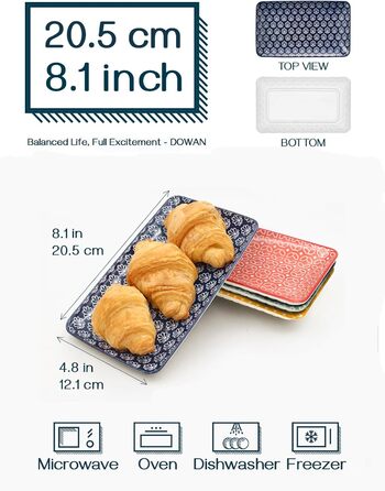 DOWAN Сервірна таця 6-ти місна - Bone China, прямокутна, 20.5 см - для закусок, суші, фруктів, салату, десерту. Можливе використання в мікрохвильовій печі, духовці, миєвій машині. Багатобарвна