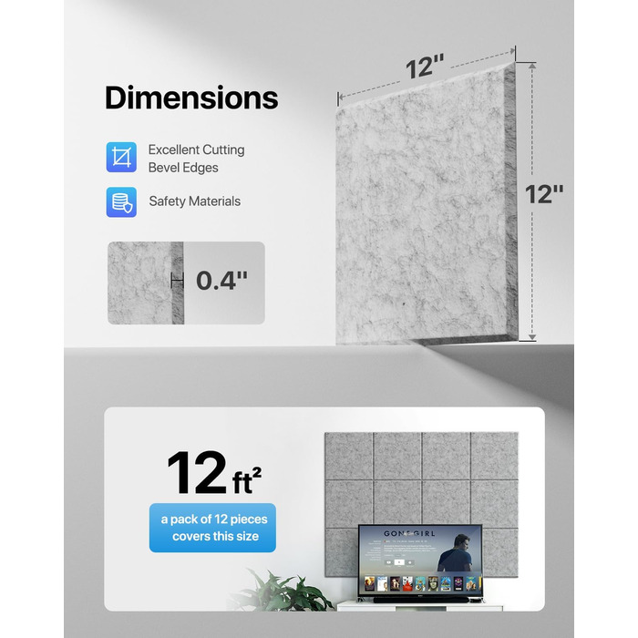 Самоклеючі квадратні акустичні панелі для звукоізоляції стін, шумопоглинаючі плити високої щільності, 30x30x0.9 см, 12 шт, сріблясто-сірі