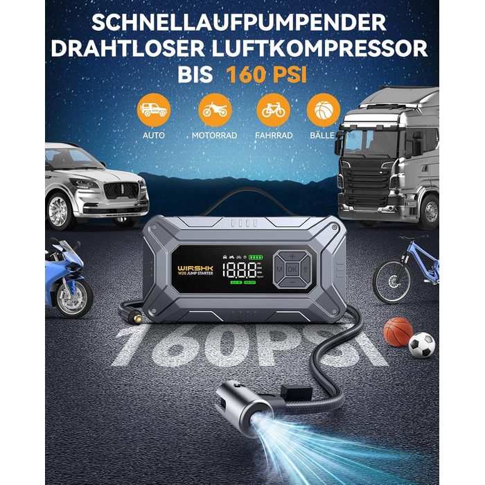 Портативний пусковий пристрій 8000A з повітряним компресором 160 PSI для бензинових та дизельних двигунів (до 10 л), з дисплеєм та аварійною світлодіодною лампою