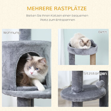 PawHut Multi-Level Cat Tree with Cave, Perches, and Scratching Posts - Large, Stable, and Luxurious with Sisal and Plush Fabric - Gray, 48x48x104 cm