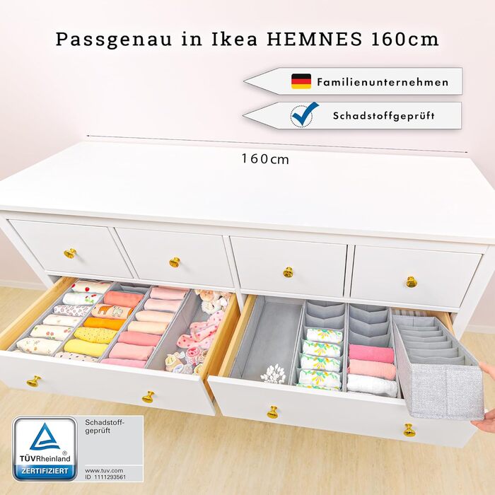 SIMPLE JOY® HEMNES Double Organizer for IKEA HEMNES Double Dresser; THE ORIGINAL; custom fit; Sturdy base; Drawer organization system for baby supplies, baby clothes, socks; 8-piece set