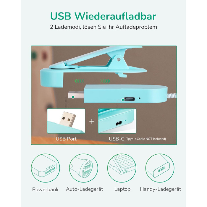EDISHINE Кліпса-лампа для читання, USB перезарядна, LED лампа для книг, 3 режими кольору, регулювання яскравості, подарунок для дітей, любителів читання (блакитна)