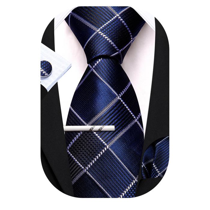 Чоловіча краватка Barry.Wang з кишеньковим хустинкою та запонками, набір в клітинку, блакитна для весілля та урочистих заходів