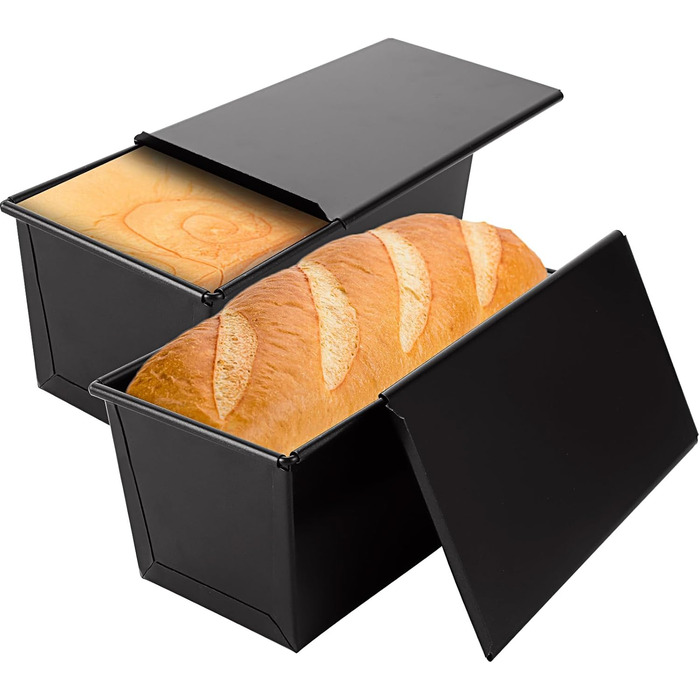 WOPPLXY 2 Pack Toast Bread Baking Pan with Lid, 450g Bread Baking Pan with Lid, Black Loaf Pan with Lid, Non-Stick for Toast Bread, Bread, and Pastries