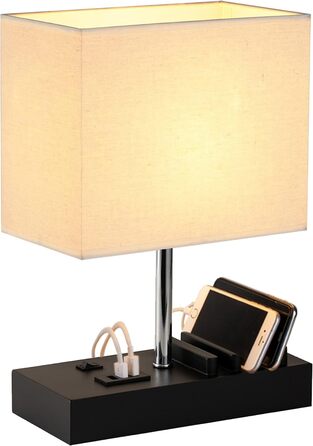 Настільна лампа Dreamholder з 3 USB-портами (A+C), підставкою для телефону, для спальні, вітальні, офісу, з натуральним дерев'яним цоколем та тканинним абажуром (чорний цоколь)