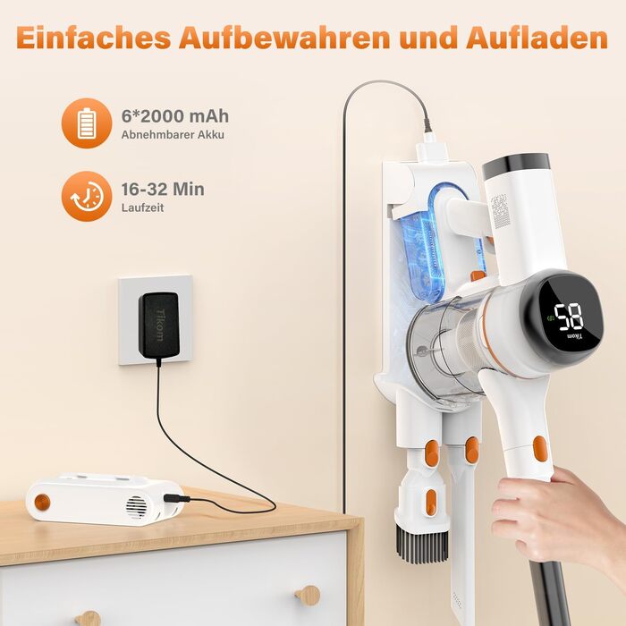 Бездротовий акумуляторний пилосос Tikom V500 450W, 6-в-1, білий. З контейнером 1.3л, для прибирання килимів, шерсті тварин та твердих поверхонь.