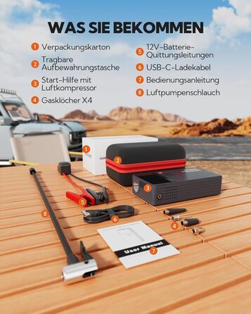 Powerbank Starthilfe JC8-12000mAh: Powerbank для авто з компресором, 12000mAh, LED-лампа, USB-C, ресeт-комплект