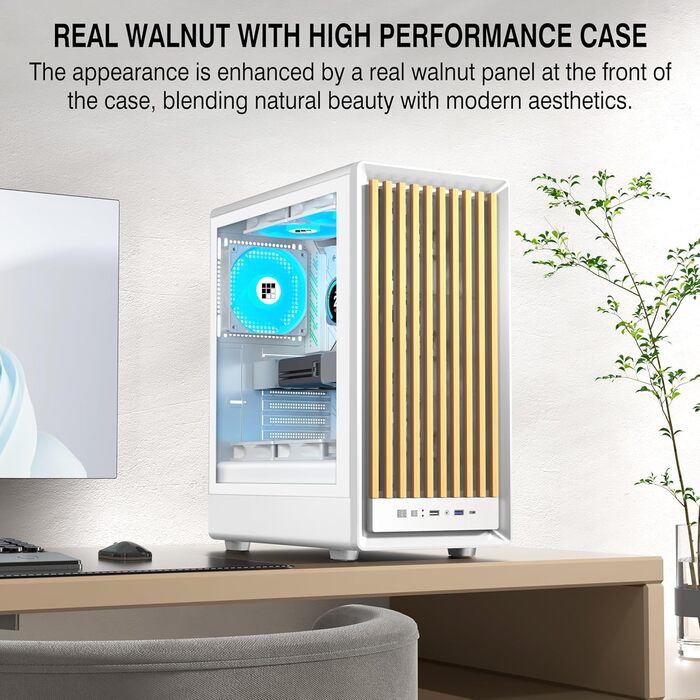 Корпус для ПК FOIFKIN з дерев'яною передньою панеллю з горіха, 4 PWM ARGB вентилятори, ATX Mid-Tower, USB Type-C, (M1, Білий)