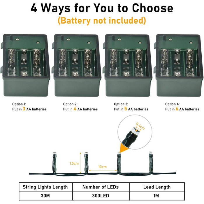 Гірлянда світлодіодна 30м, 300 LED, з таймером, 8 режимів, водонепроникна, зелений кабель, тепле біле світло, для декору, вечірок, саду, Нового року