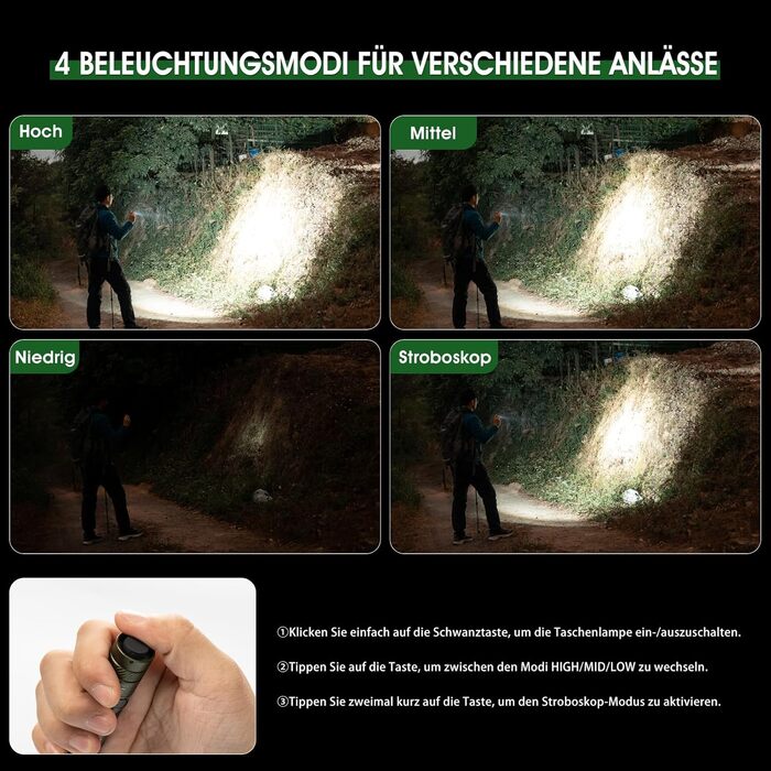 LED ліхтарик Klein 1200 люменів, перезаряджається, 4 режими, зелений. Ідеально для кемпінгу, риболовлі, ремонту та надзвичайних ситуацій