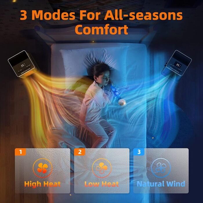 OMISOON Heater 2000W, ECO energy-saving, PTC thermostat heating with 90° oscillation, 24h timer, wind setting, multiple protection, remote control, 4 modes, for home, bedroom, office