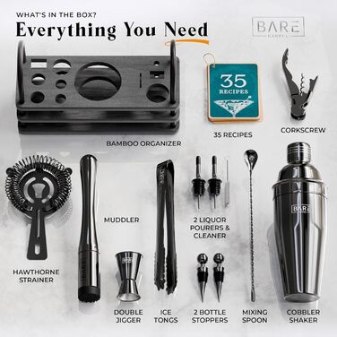 Набір бармена BARE BARREL®: 14 предметів для приготування коктейлів, шейкер Schuster (680 мл), аксесуари для бару, рецепти, подарунковий набір
